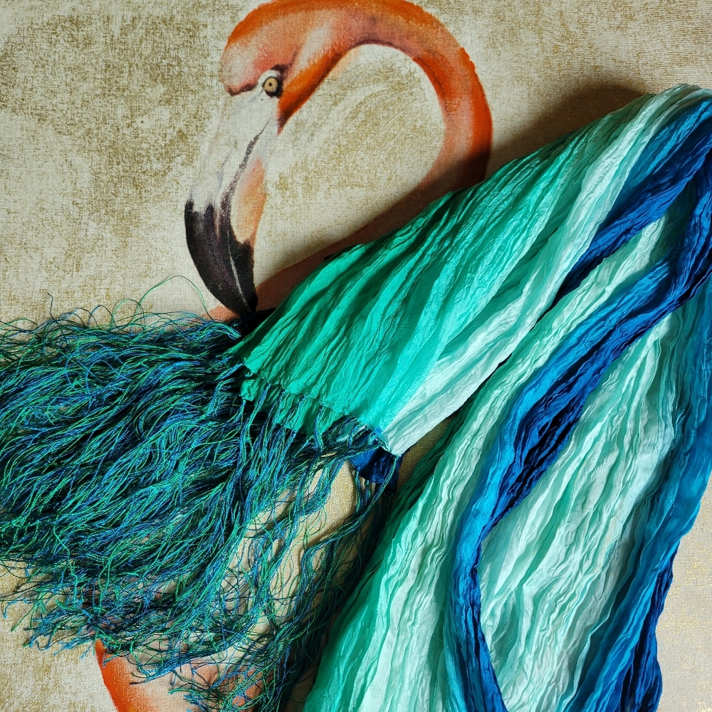 Silk Crepe Scarp with Fringe Ombre Blue Green Stripe